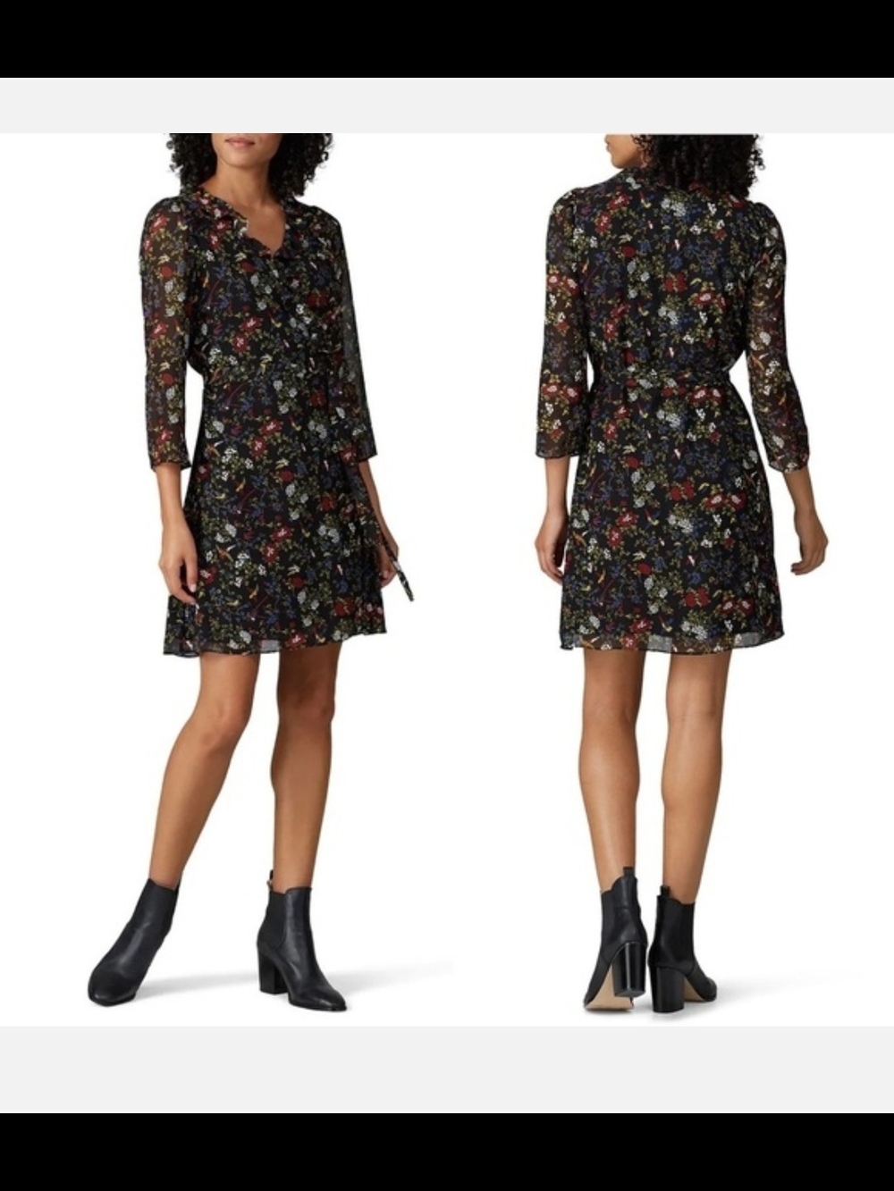 Madewell Floral Ruffle Neck Wrap Dress in Black XS